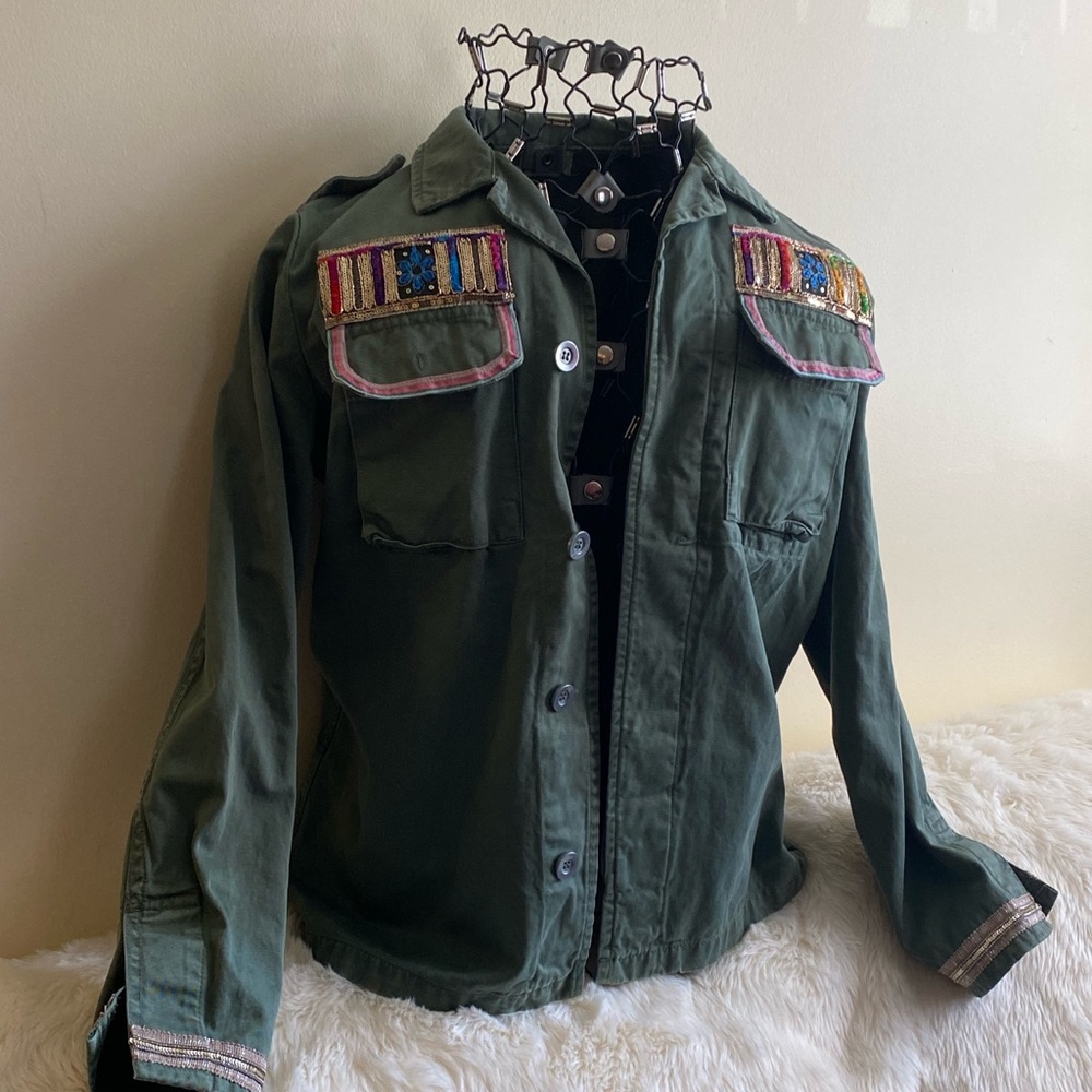 Bebe Boho Embellished Military Jacket - Army Green Size Large - Picture 5 of 15